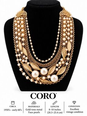 Vintage CORO 8-Strand Faux Pearl Statement Necklace | 1950s–Early 60s